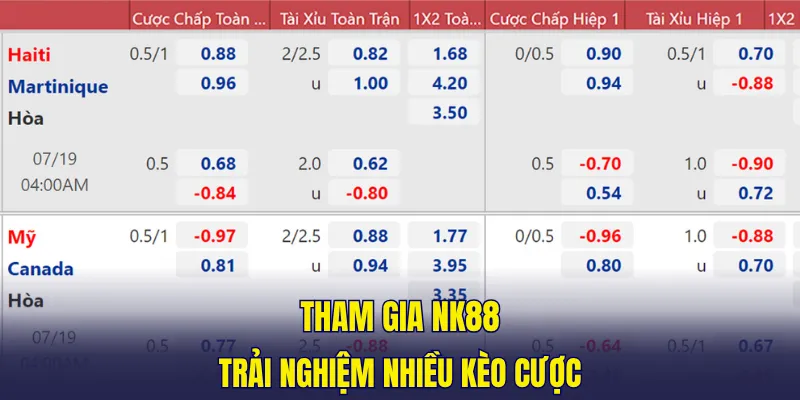 Tham gia NK88 trải nghiệm nhiều kèo cược